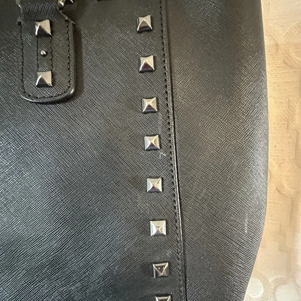 Michael Kors Black Saffiano Leather Studded Satchel Bag Handbag Purse